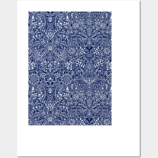 Detailed Floral Pattern in White on Navy Posters and Art